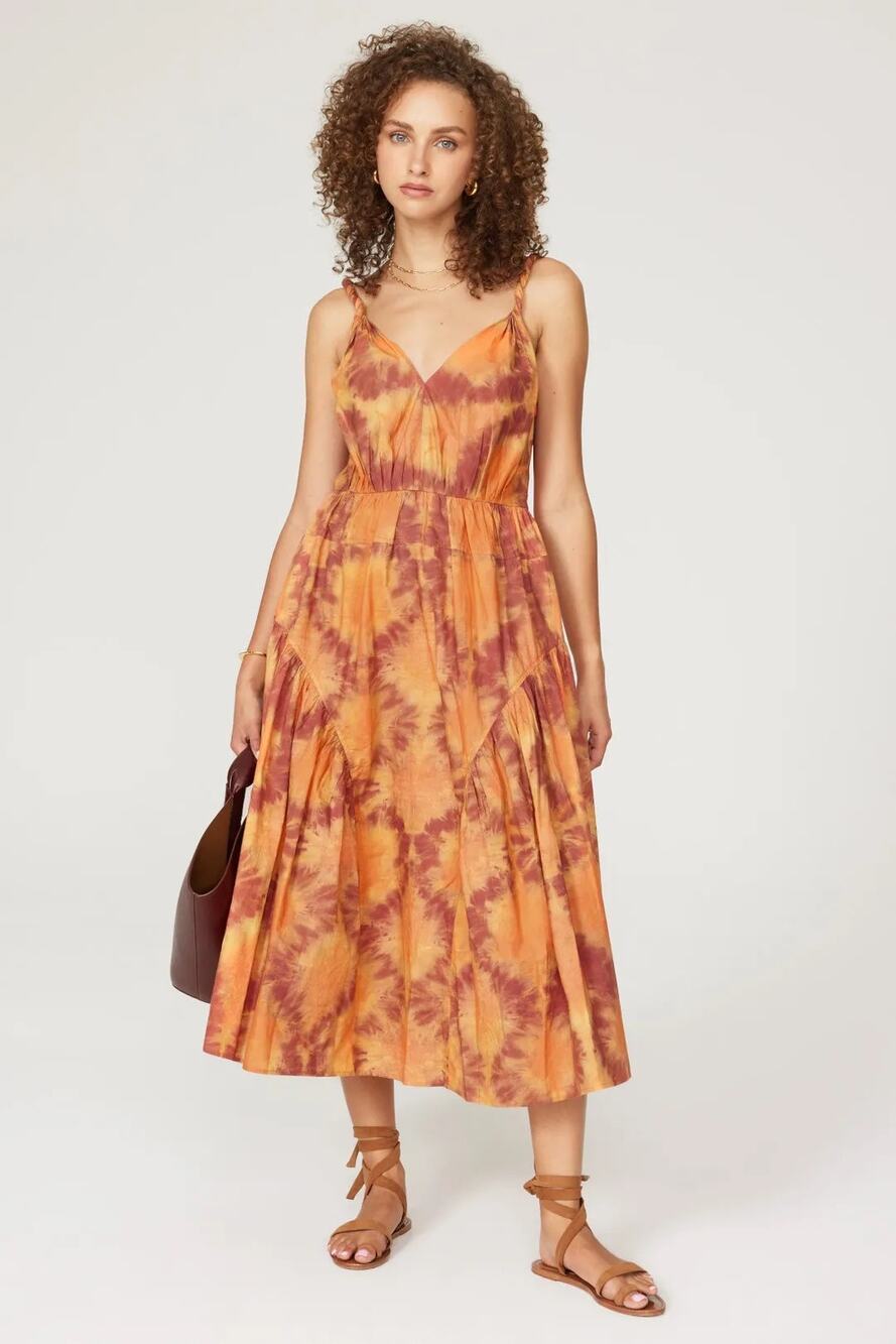 Ulla Johnson Valentina Dress 0 Red Topaz Orange Tie Dye Cotton Midi NWOT